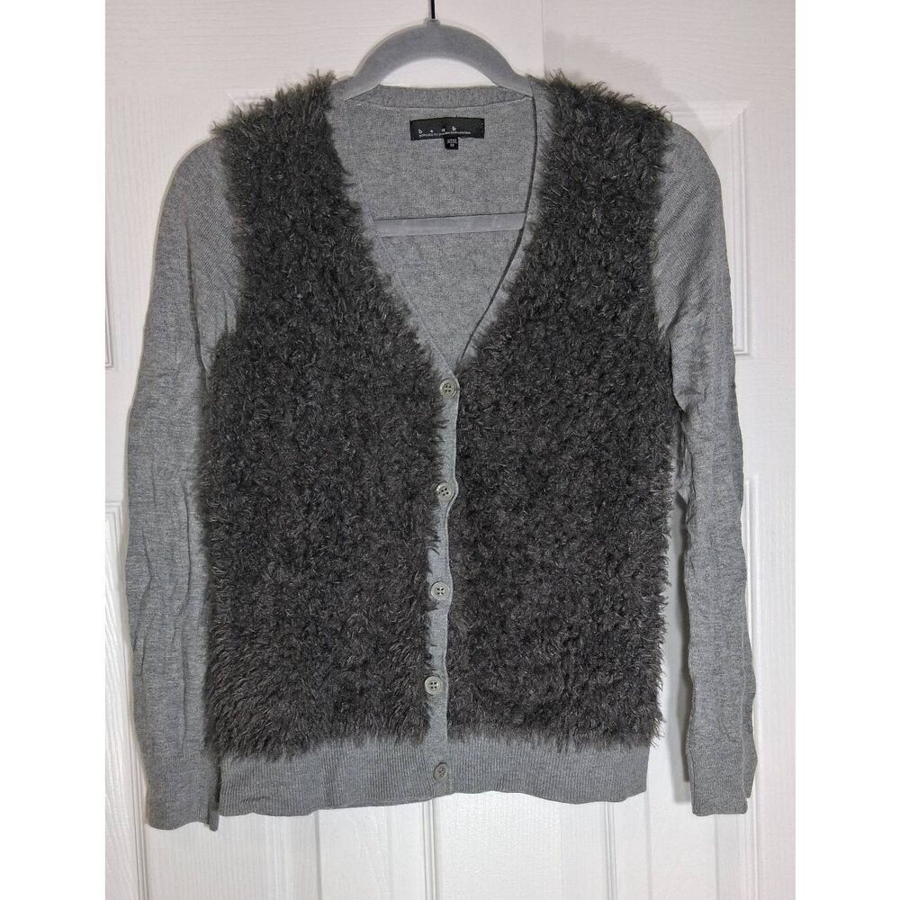B+ab womens small cardigan sweater nylon Angora gray fluffy soft quiet luxury